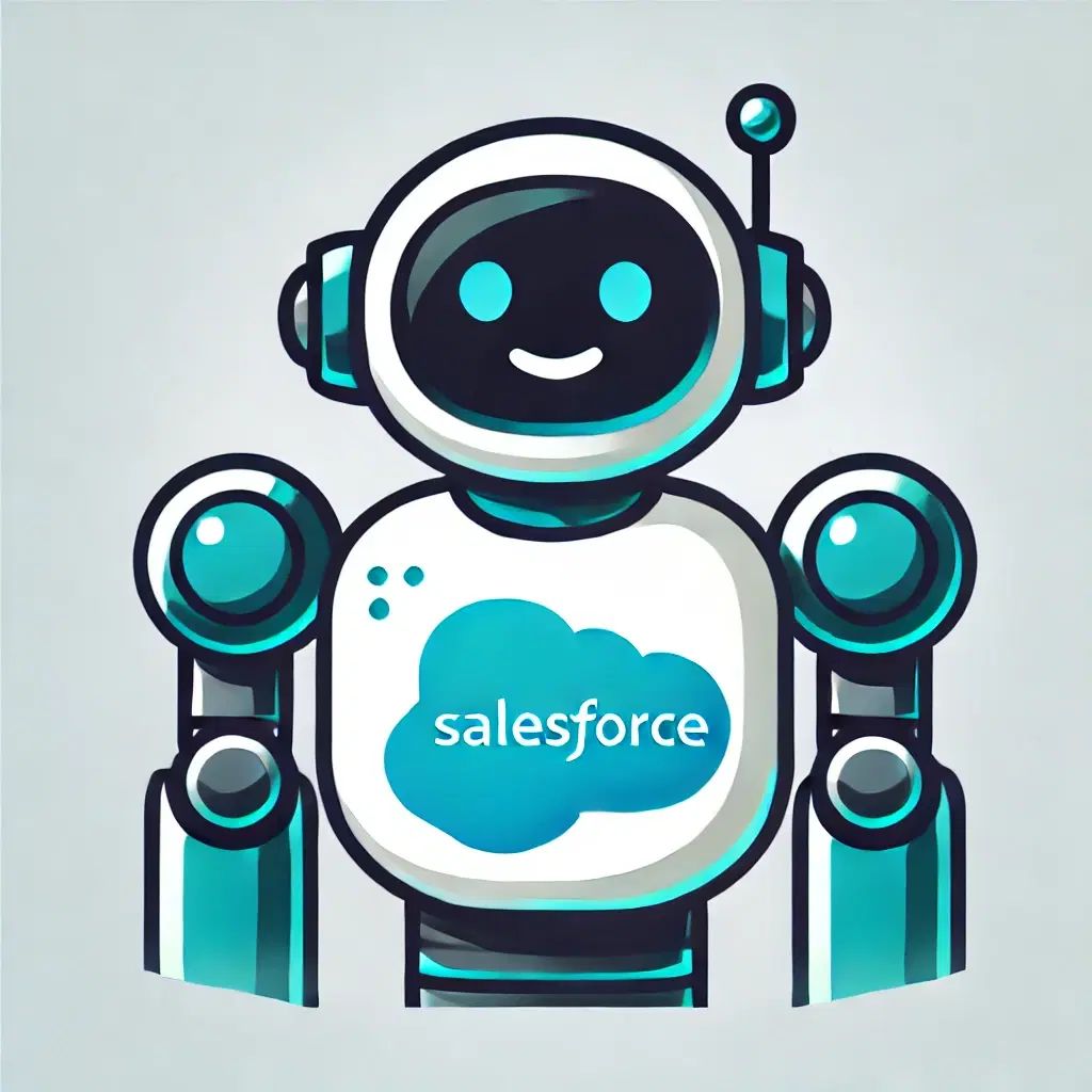 A cute smiling robot with the salesforce log